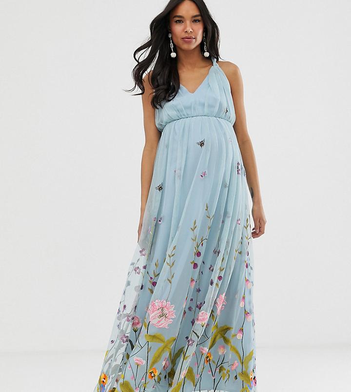 Asos Design Maternity Tulle Maxi Dress With Delicate Floral Embroidery And Twist Straps-blue