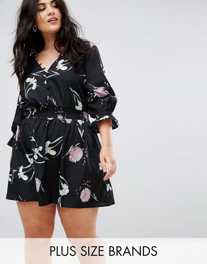 Influence Plus V Neck Tea Dress With Gathered Sleeve - Black