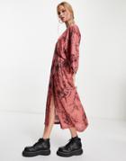 Topshop Floral Satin Midi Dress Kimono Sleeve In Pink