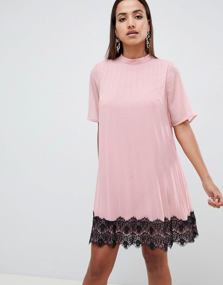 Asos Design Pleated Trapeze Mini Dress With Lace Hem - Brown