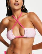 New Look Multiway Bandeau Bikini Top In Checkerboard Print-pink