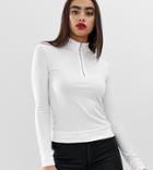 Boohoo Ribbed Top With Half Zip In White - White