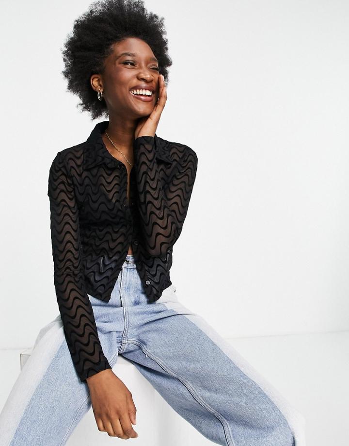Stradivarius Mesh Shirt With Wave Flock Design In Black