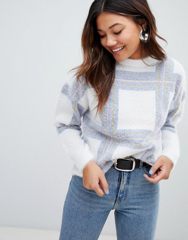 New Look Fluffy Check Sweater - Cream