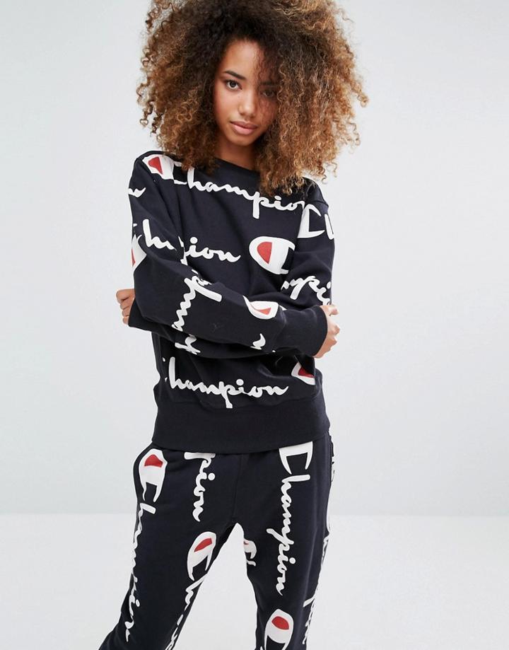 Champion Oversized Sweatshirt With All Over Logo Print - Black