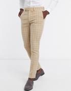 Asos Design Wedding Skinny Wool Mix Suit Pants In Camel Houndstooth Check-neutral