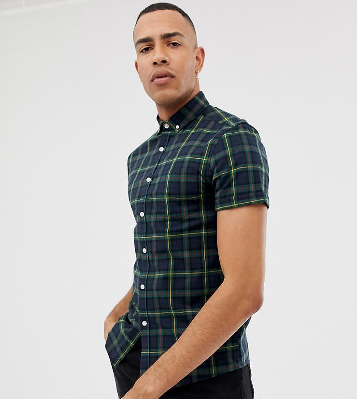 Asos Design Tall Skinny Fit Check Shirt In Navy
