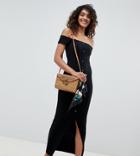 Asos Design Tall Off Shoulder Popper Front City Maxi Dress In Rib - Black