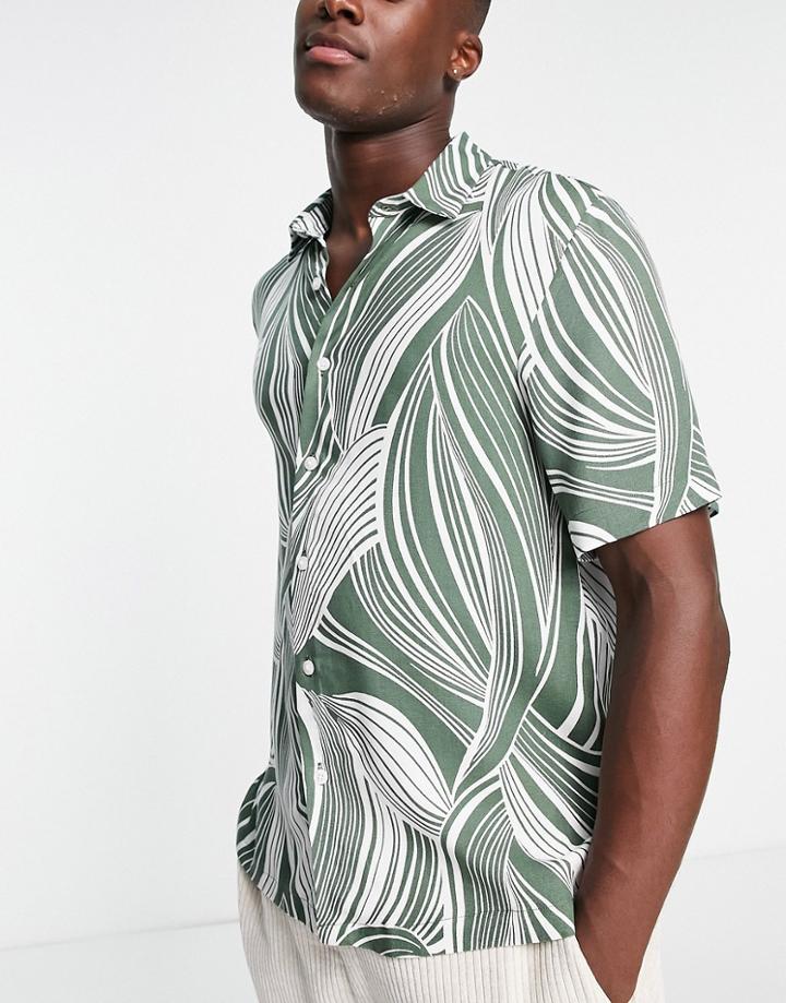 River Island Short Sleeve Warped Green Leaf Shirt In Ecru-neutral