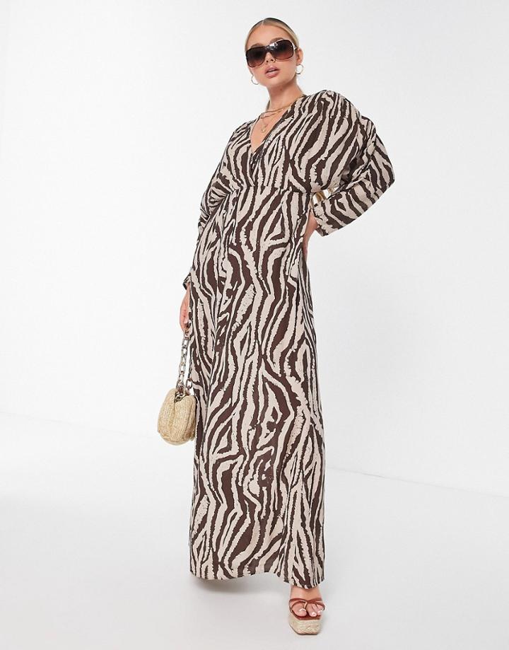 Asos Design Ruched Long Sleeve Plunge Crinkle Beach Maxi Dress In Animal Print-multi