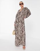 Asos Design Ruched Long Sleeve Plunge Crinkle Beach Maxi Dress In Animal Print-multi