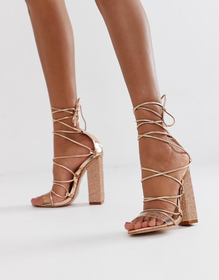 Public Desire Sparkle Rose Gold Rhinestone Clear Detail Tie Up Heeled Sandals - Gold