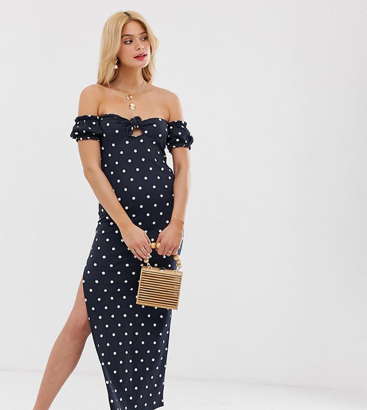 Asos Design Tall Off Shoulder Crinkle Maxi Sundress With Puff Sleeve In Polka Dot - Multi