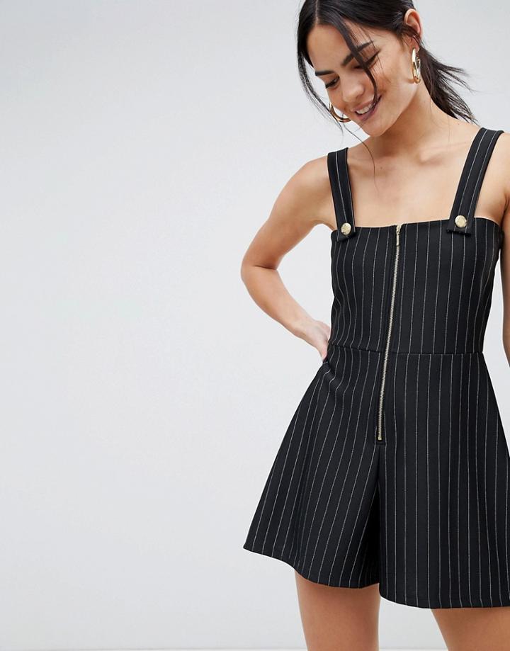 Asos Design Square Neck Jersey Playsuit In Stripe With Gold Trim Detail - Black