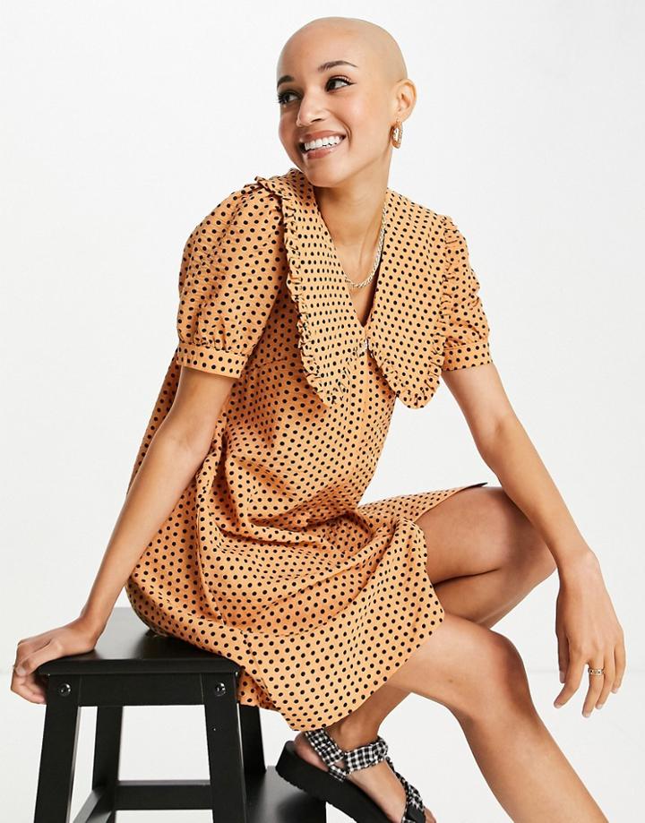 Pieces Mini Smock Dress With Exaggerated Collar And Puff Sleeves In Peach Spot-pink