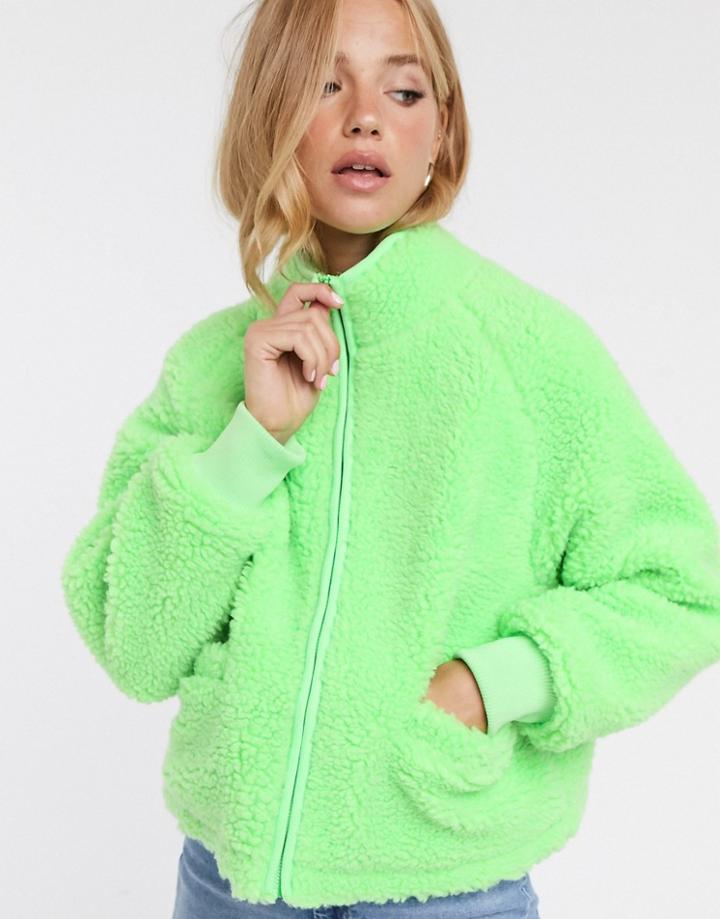 Asos Design Fleece Zip Through Jacket In Lime - Pink