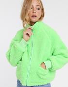 Asos Design Fleece Zip Through Jacket In Lime - Pink