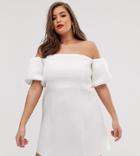 Asos Design Curve Puff Sleeve Mini Skater Dress-white