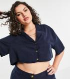 Asos Design Curve Soft Boxy Cropped Shirt In Navy - Part Of A Set