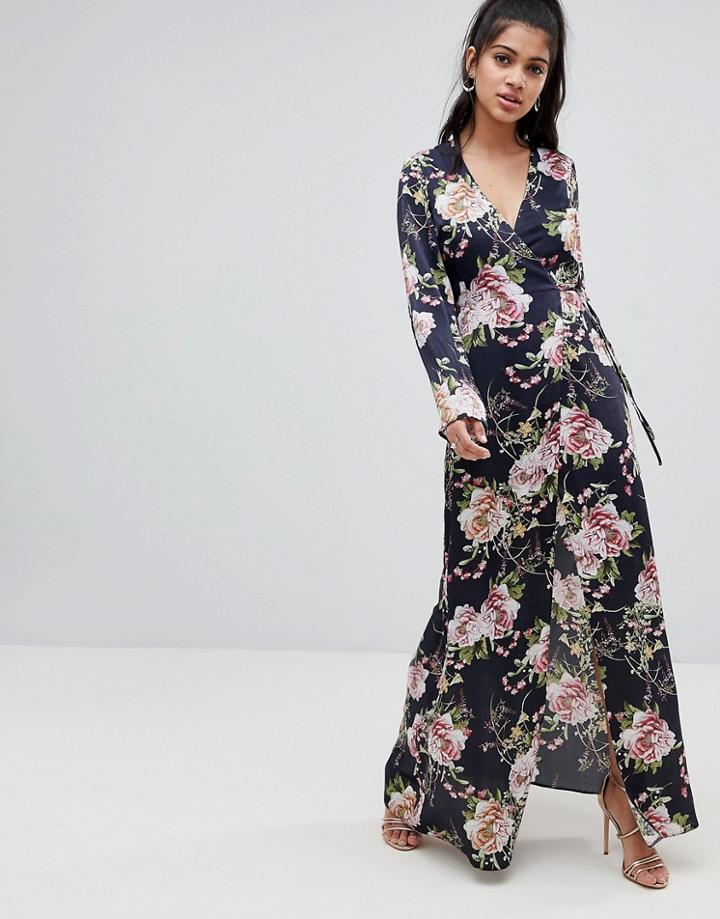 Asos Design Satin Wrap Maxi Dress In Navy Floral Print-multi