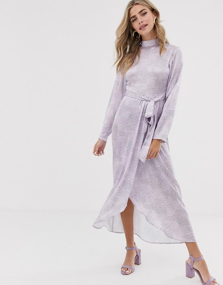 Dusty Daze Maxi Dress With High Neck And Belted Waist In Satin-purple