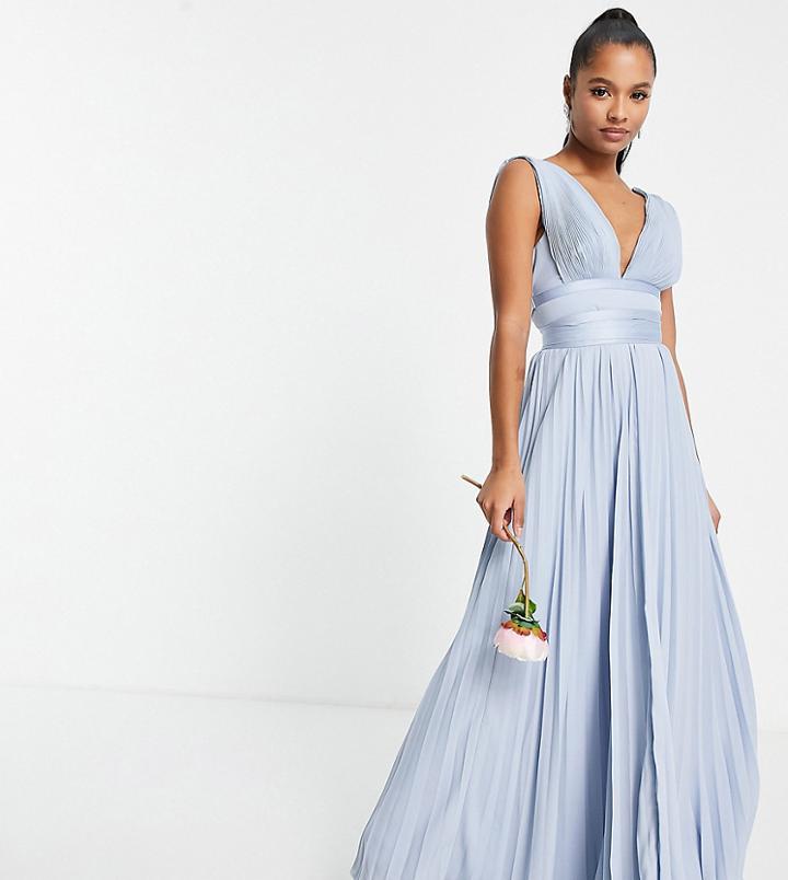 Asos Design Petite Bridesmaid Pleated Cami Maxi Dress With Satin Wrap Waist In Blue