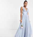Asos Design Petite Bridesmaid Pleated Cami Maxi Dress With Satin Wrap Waist In Blue