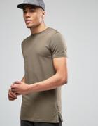 Asos Longline Muscle T-shirt With Side Zips In Khaki - Camo Khaki