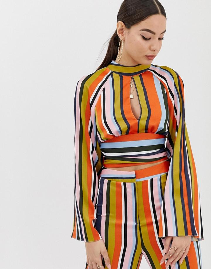 Asos Design High Neck Wrap Long Sleeve Top In Satin Stripe Two-piece - Multi