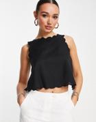 Asos Design Scallop Edge Linen Top With Split Back Detail In Black