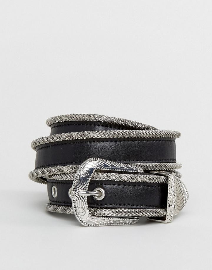 Asos Skinny Faux Leather Belt With Western Buckle And Metal Trim In Black - Black