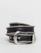 Asos Skinny Faux Leather Belt With Western Buckle And Metal Trim In Black - Black