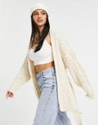 Asos Design Cable Cardigan With Tie In Oatmeal-neutral