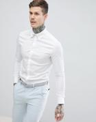 Asos Design Skinny Twill Shirt With Collar Bar In White - White