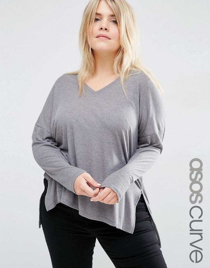 Asos Curve V Neck Top With Long Sleeves In Oversized Slouchy Rib - Gray
