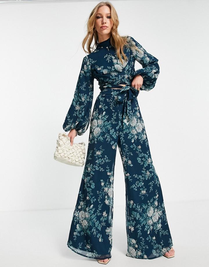 Asos Design Soft Wide Leg Pants In Navy Floral - Part Of A Set-multi