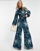 Asos Design Soft Wide Leg Pants In Navy Floral - Part Of A Set-multi
