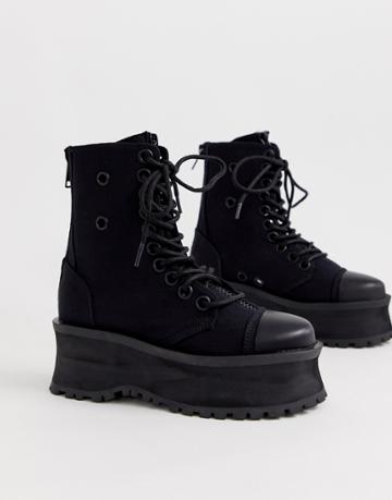 Demonia Grave Digger Toe Cap Flatform Boots In Black
