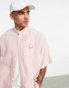 Asos Design Boxy Oversized Button Down Collar Shirt In Vintage Style Pink Stripe With Chest Embroidery