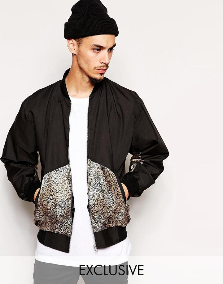 Reclaimed Vintage Bomber Jacket With Leopard Insert - Black