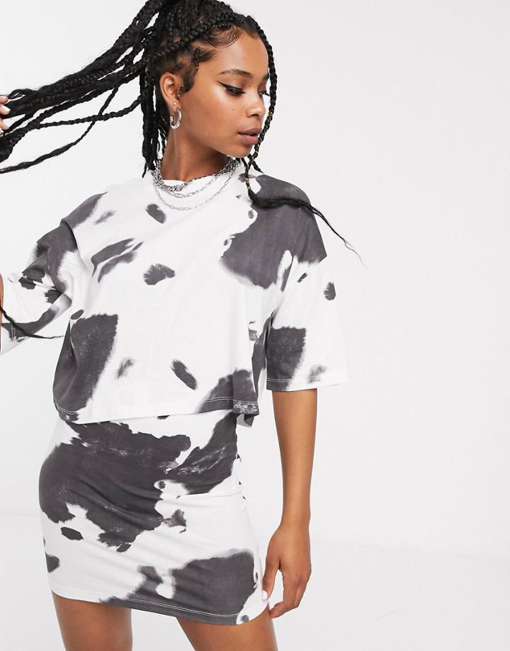 Noisy May Cow Print Oversized Jersey Cropped Tee - Multi