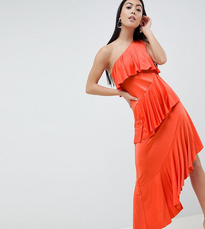 Asos Design Petite One Shoulder Drapey Tiered Midi Dress-orange