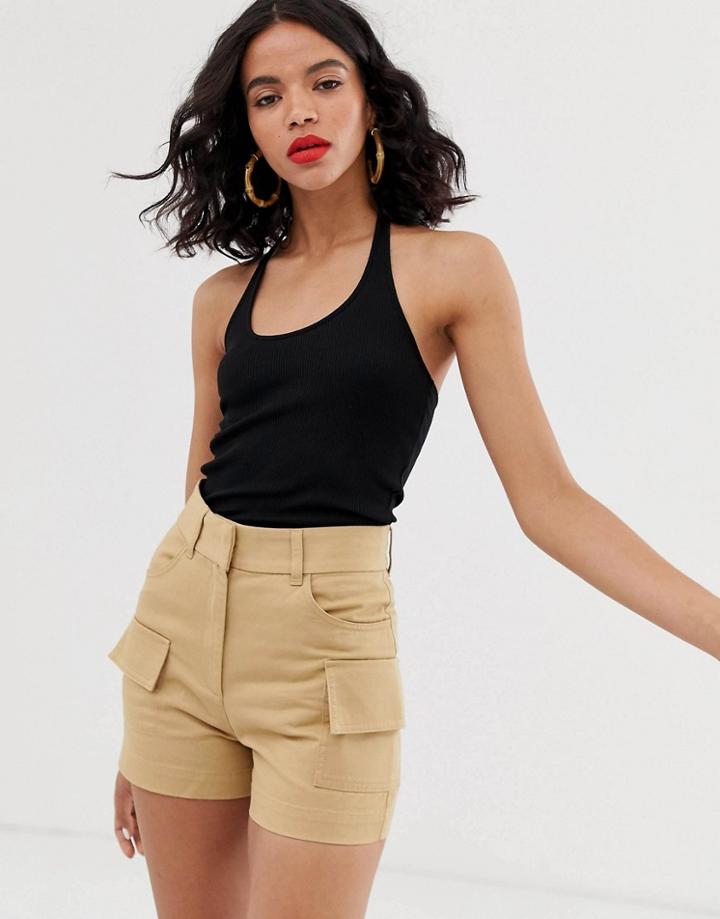 Monki Ribbed Halter Neck Top In Black - Black