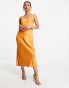 Asos Design Bias Cut Midi Dress With Scoop Back In Satin Twill-gold