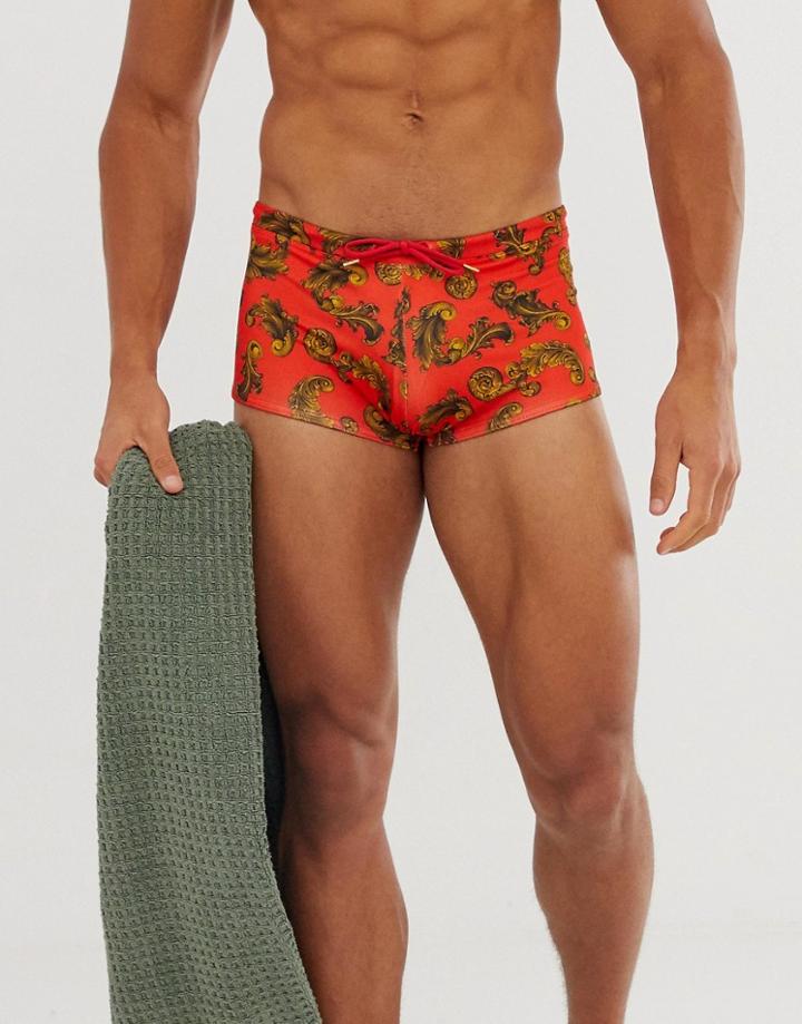 Asos Design Swim Shorts In Metallic Rainbow Color In Super Short Length - Red