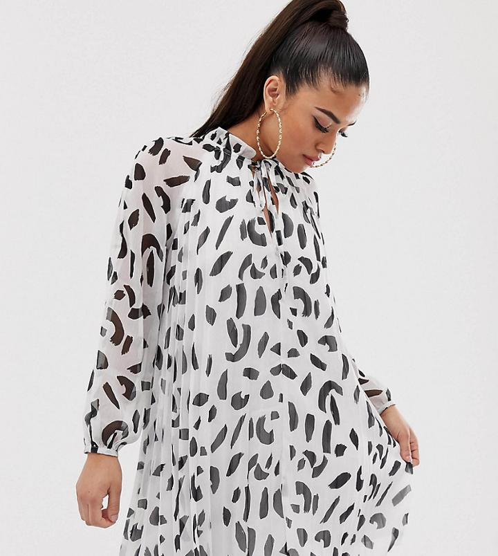Asos Design Petite Pleated Trapeze Mini Dress With Tie Neck In Splodge Print-multi