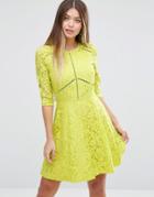 Asos Skater Dress In Lace With Ladder Trim - Yellow