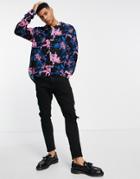 Only & Sons Oversized Shirt With Dark Floral Print & Camp Collar In Pink