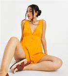 Asos Design Petite Button Front Lace Trim Swing Romper In Mimosa-orange