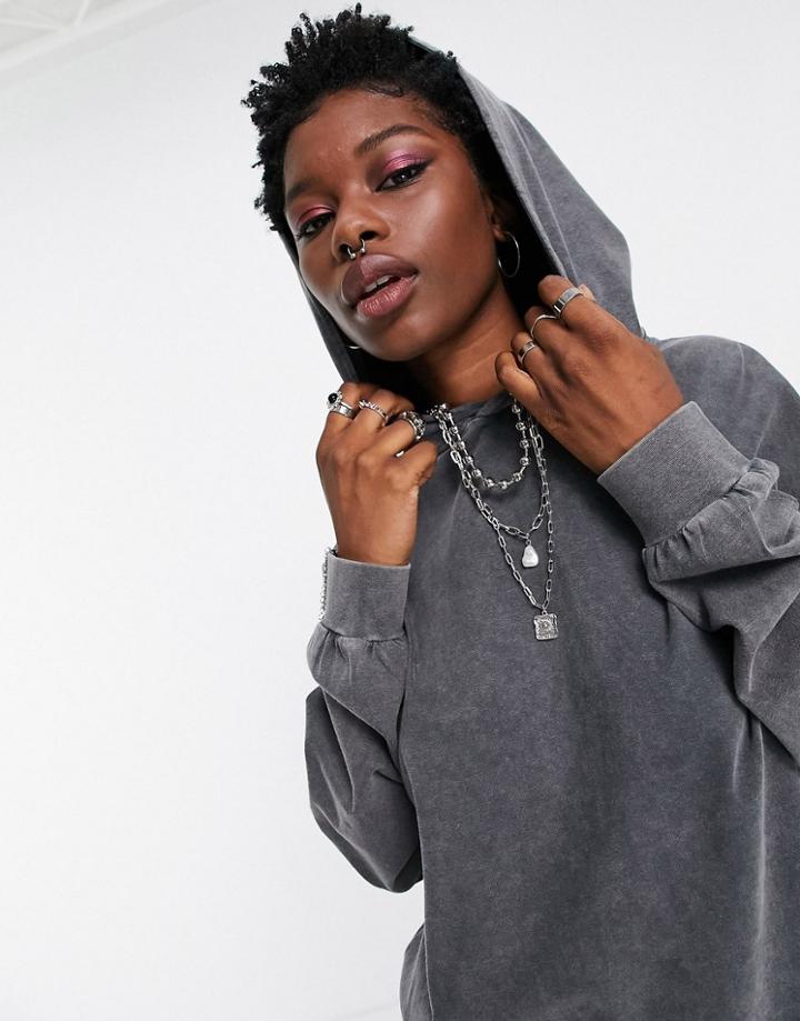 Topshop Acid Wash Hoodie In Gray-grey